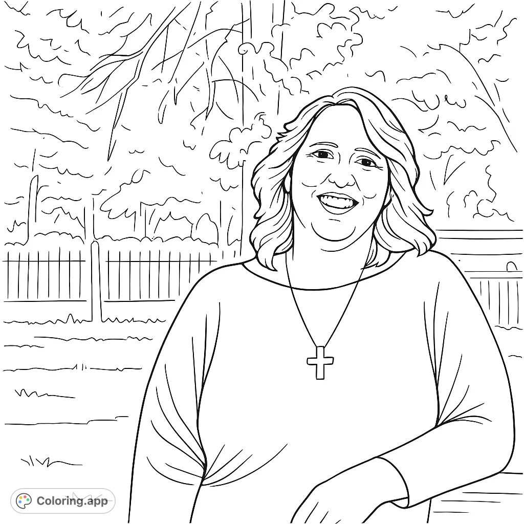 Capture the warmth of a smiling woman in an outdoor setting. This portrait features a detailed cross pendant and a natural background, perfect for personal expression.