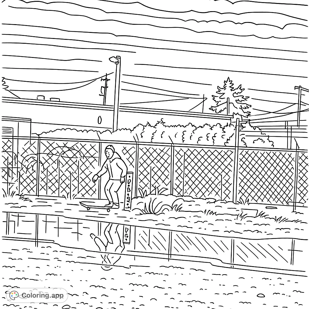 Explore an urban scene featuring a person by a chain-link fence and a large puddle with reflections, offering a detailed and engaging coloring experience.