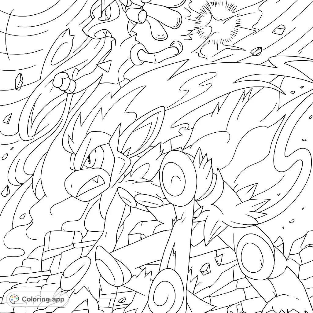 Dynamic Pokemon battle featuring Lucario and Infernape, ready for action on a rocky terrain. A thrilling free printable Pokemon coloring page.