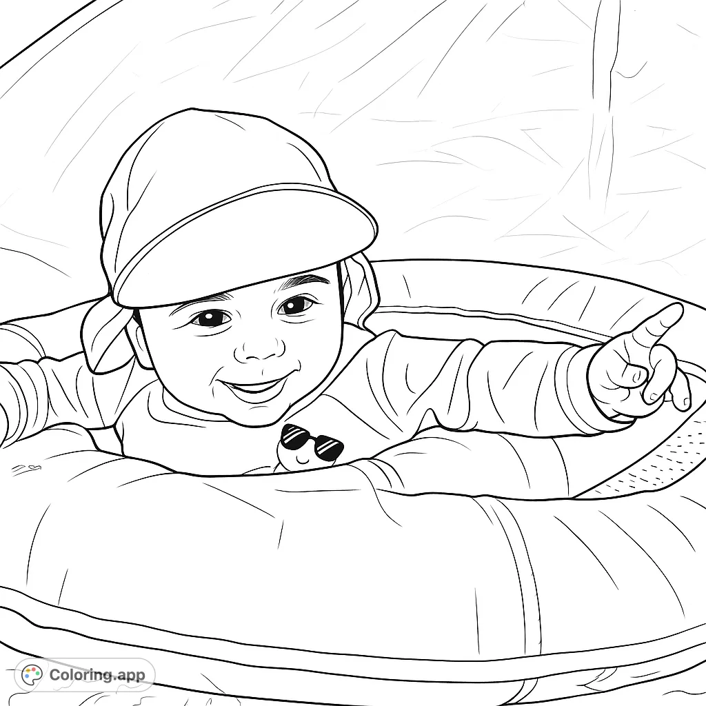A delightful baby in a float, smiling and pointing, ready for a fun coloring adventure. Perfect for young artists to bring to life with cheerful hues.