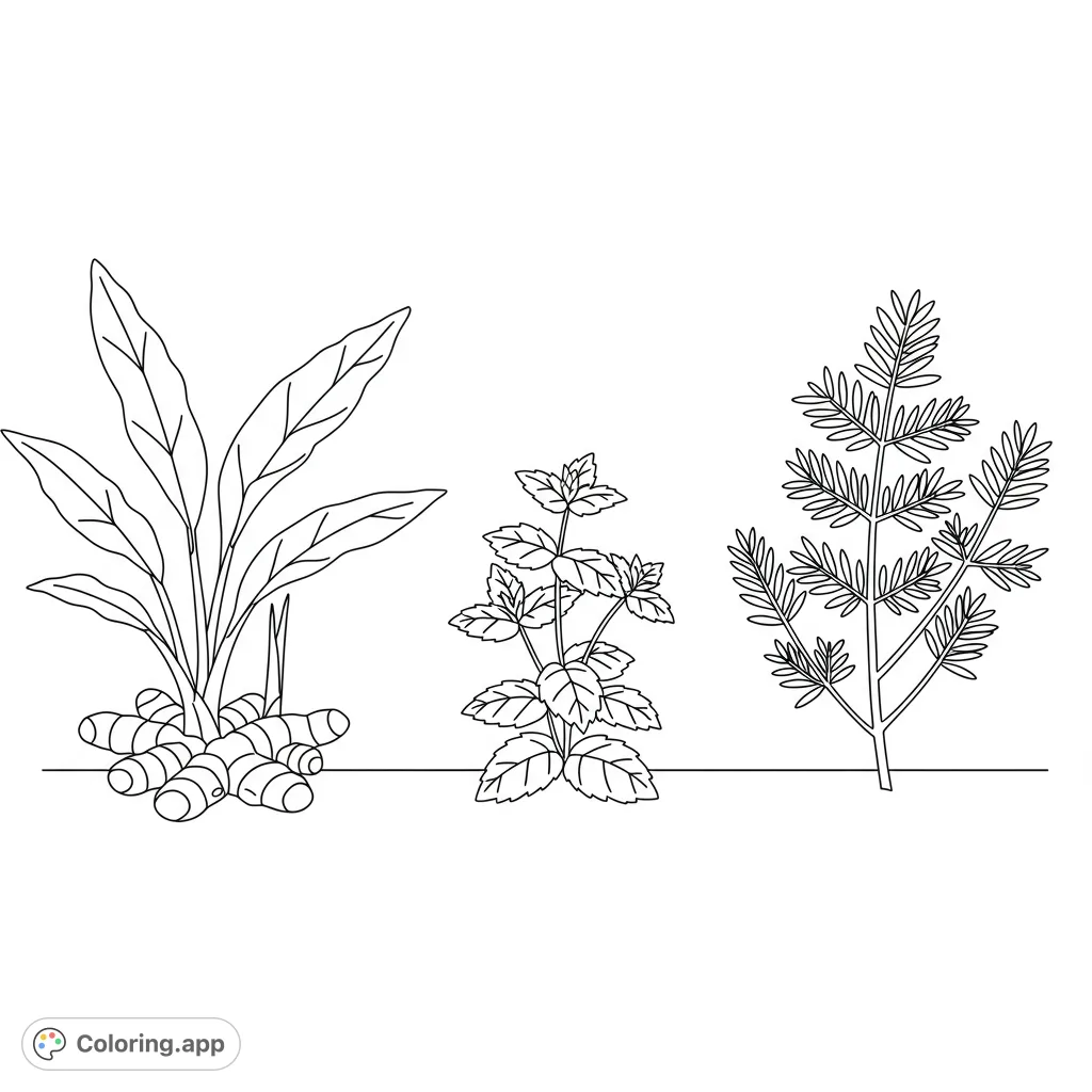 Discover the simple beauty of nature with this herbal plants coloring page featuring turmeric, mint, and rooibos. Perfect for young botanists!