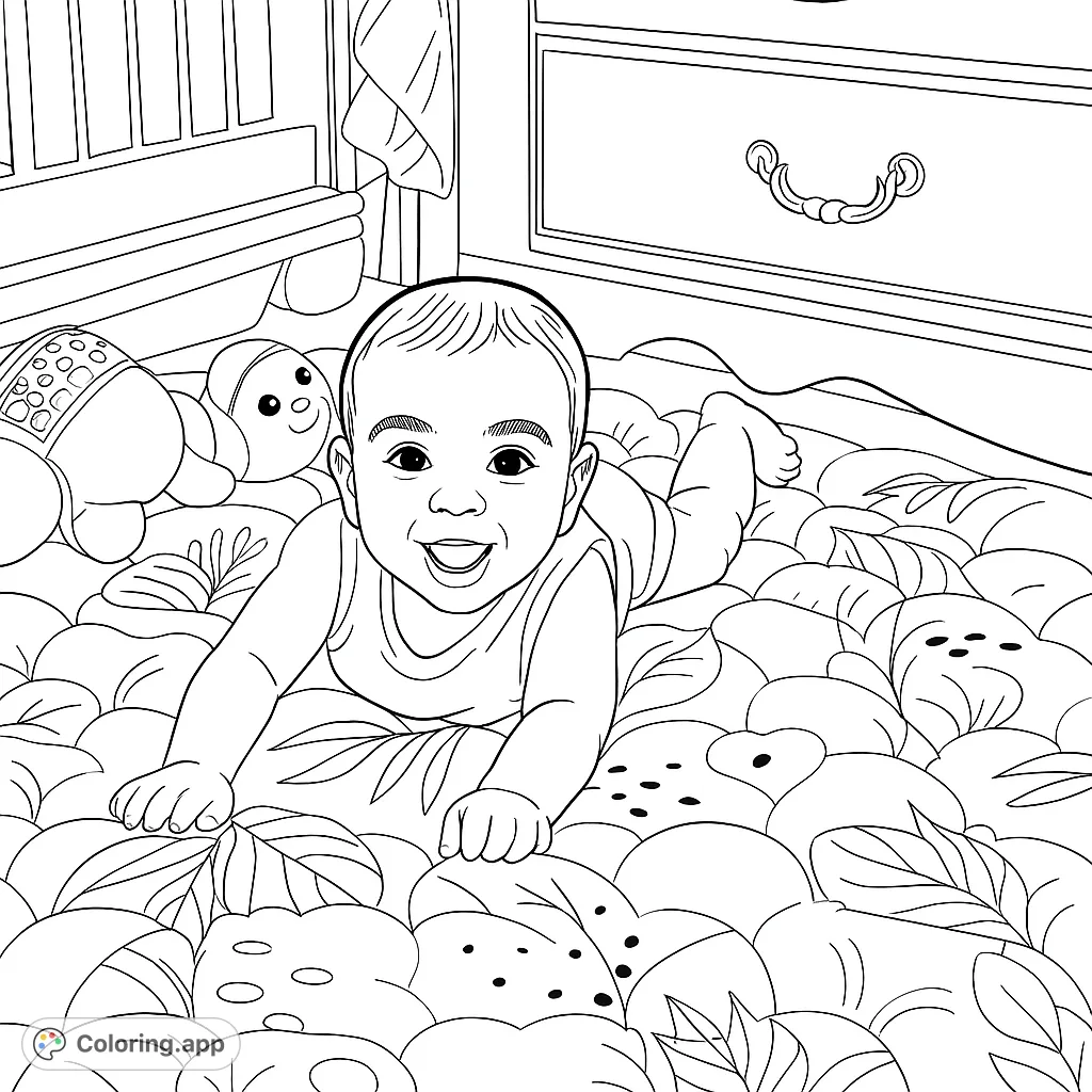 A delightful baby smiles while playing on a patterned mat, surrounded by nursery furniture. Perfect for a heartwarming baby coloring page experience.