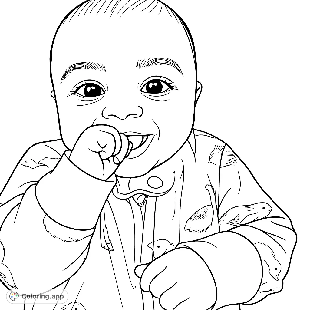 A delightful baby portrait coloring page, featuring a happy infant with a hand near their mouth, wearing a charming patterned sleeper.