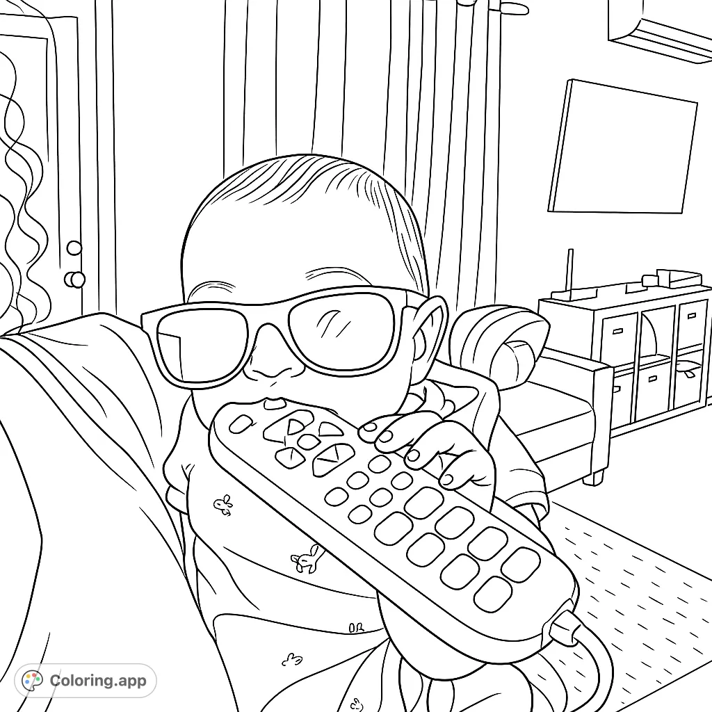 A playful baby in cool sunglasses, playfully holding a TV remote. A fun and adorable scene perfect for young colorists to enjoy.