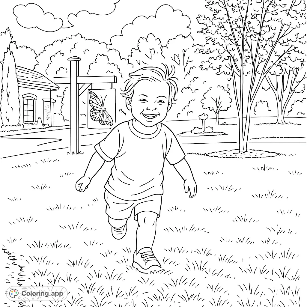A delightful coloring page featuring a happy child running freely on a grassy lawn, surrounded by nature and a charming butterfly sign. Perfect for young artists!