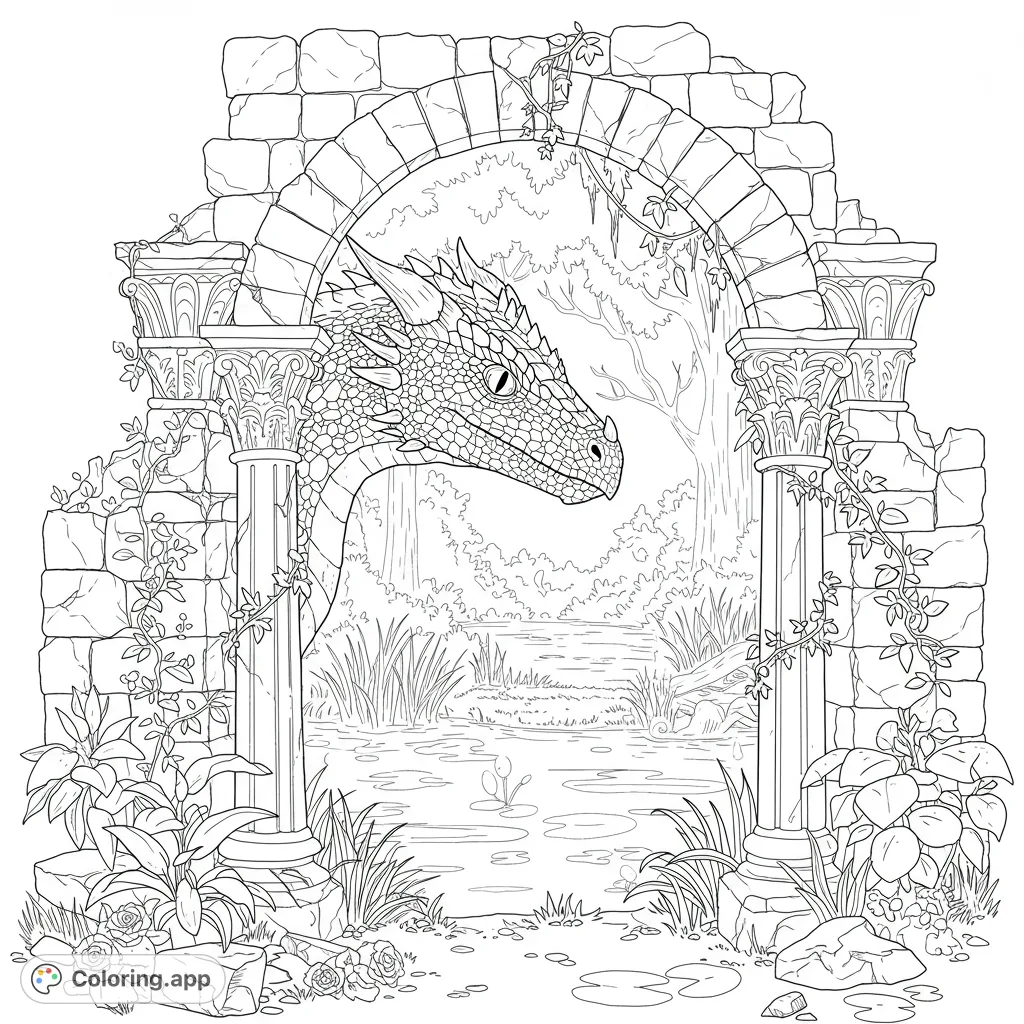 Discover a majestic dragon peeking from ancient ruins, surrounded by a mystical swamp and magical forest. A detailed, realistic adventure awaits!