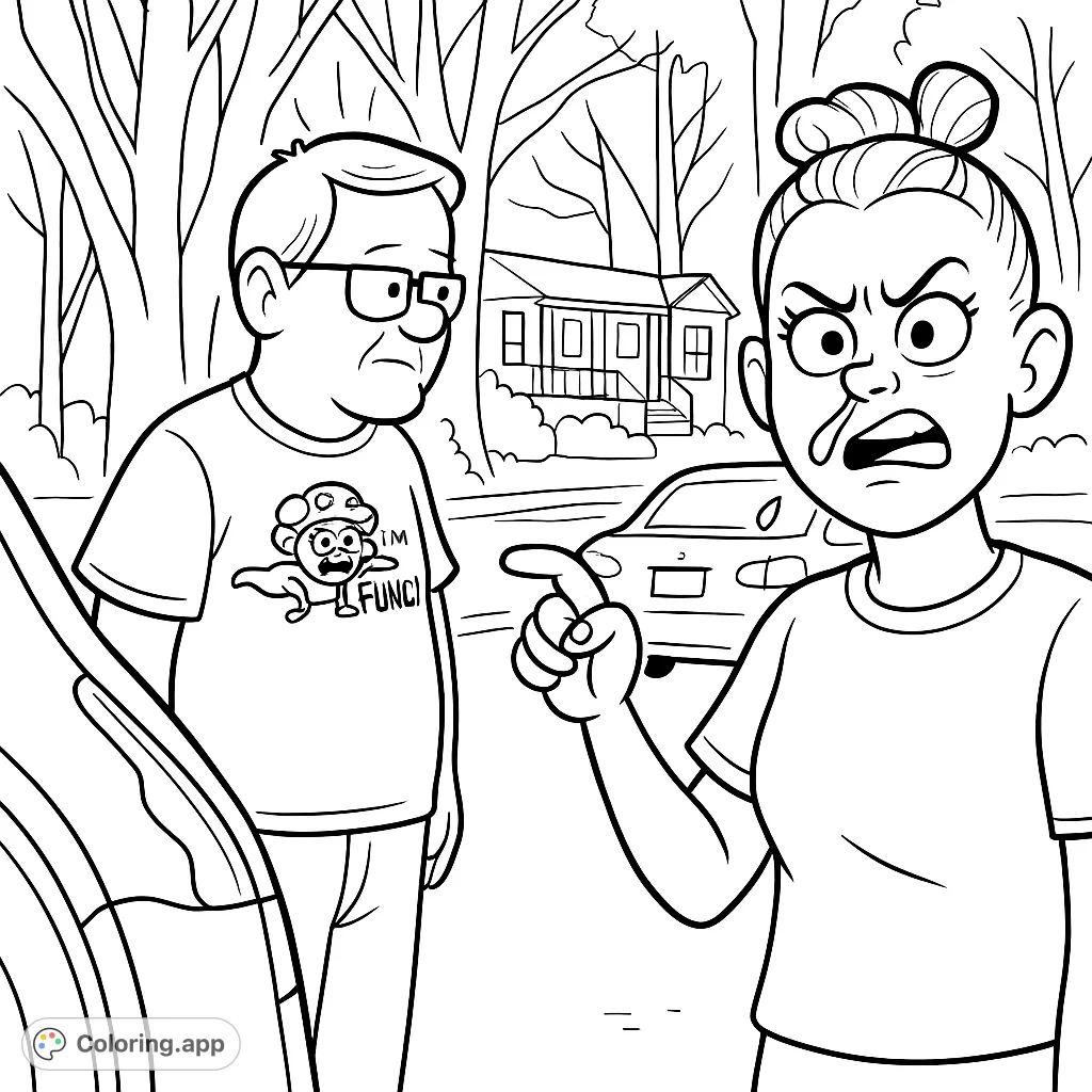 A whimsical coloring page featuring a playful duo outdoors, with a 'Super Fun Guy' and a humorous expression, perfect for a fun coloring adventure.