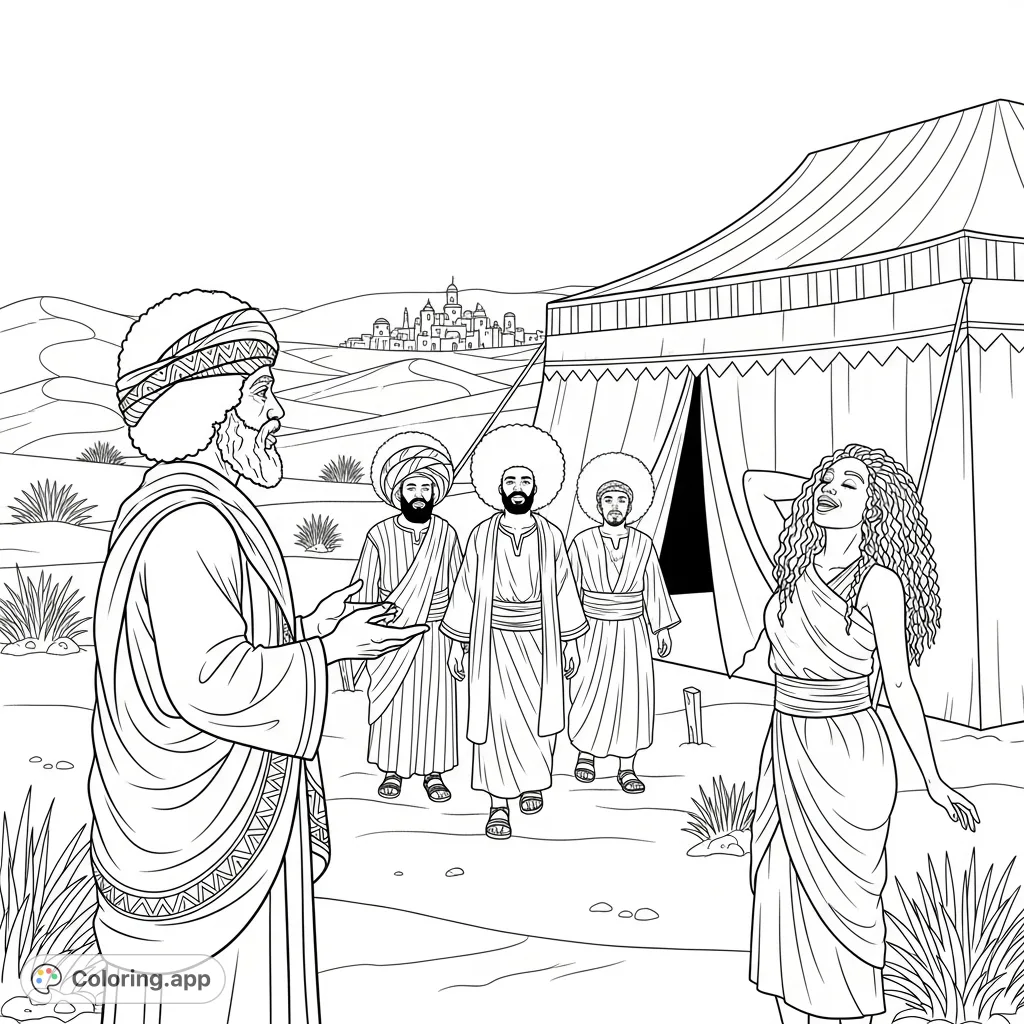 A detailed Abrahamic desert encounter coloring page featuring Abraham, three men, and a woman by a tent, set against a vast desert landscape with a distant city.
