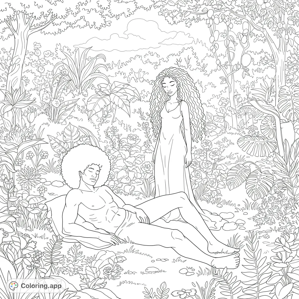 Discover a peaceful Adam and Eve in a lush garden, featuring Adam's Afro and Eve's kinky hair. A unique, free printable coloring page.