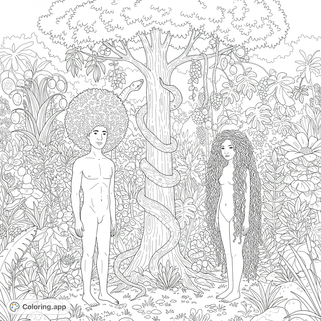 Explore a detailed Adam and Eve coloring page set in the lush Garden of Eden, featuring intricate textures, abundant foliage, and the iconic tree.