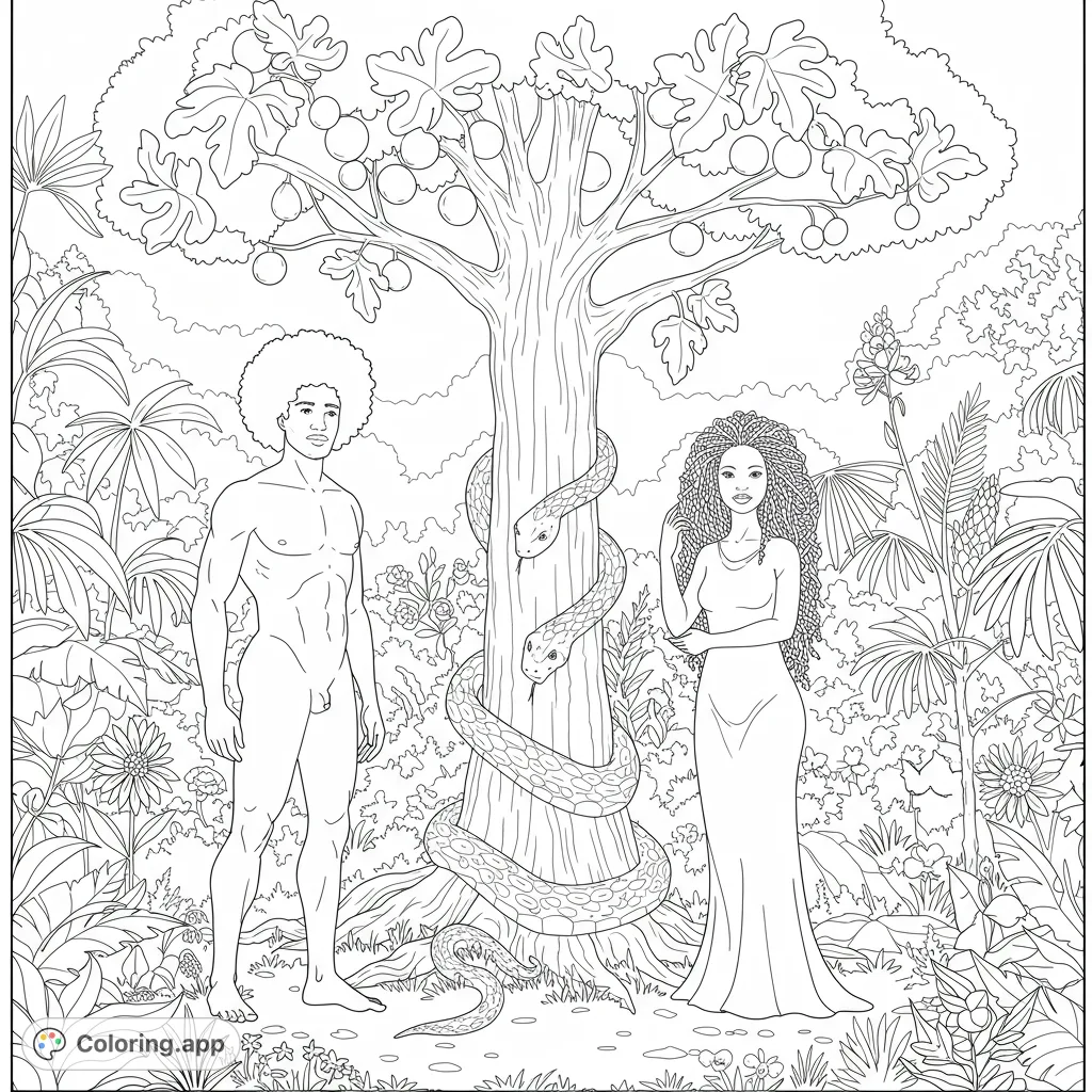 Explore the Garden of Eden with Adam and Eve, featuring intricate details of their figures, fig leaves, a fruit-laden tree, and a coiled serpent.