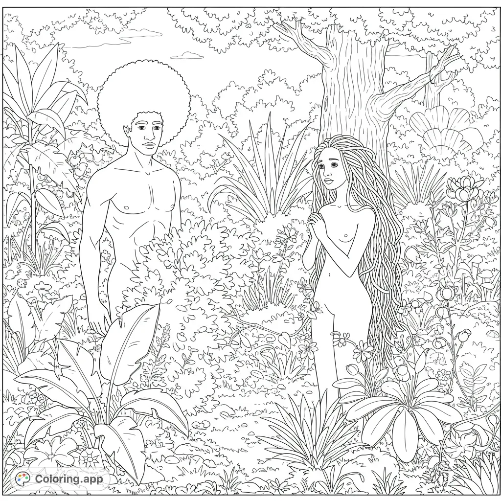 Discover Adam and Eve in a lush garden, hiding amidst dense foliage. A detailed biblical scene for mindful coloring and artistic expression.
