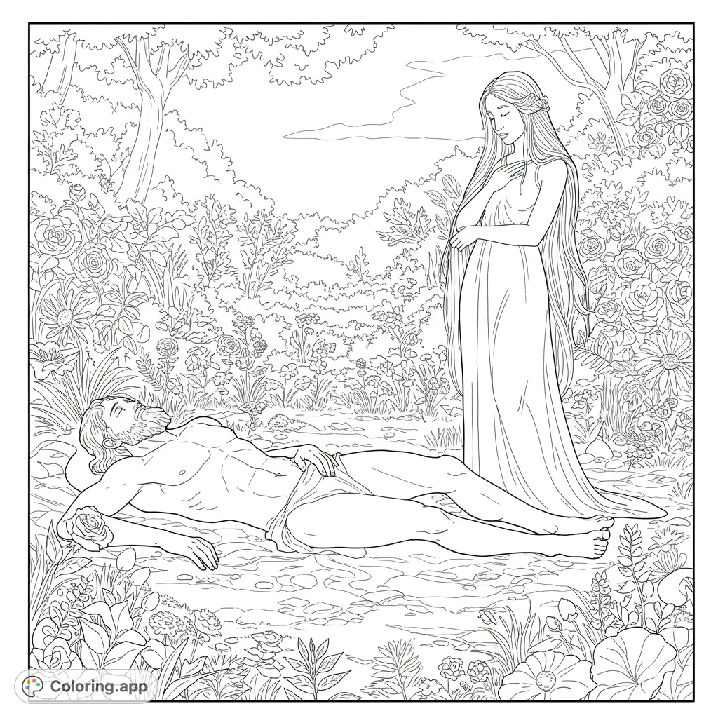Discover a serene biblical scene featuring Adam in repose and Eve standing gracefully amidst a lush, detailed garden, perfect for contemplative coloring.