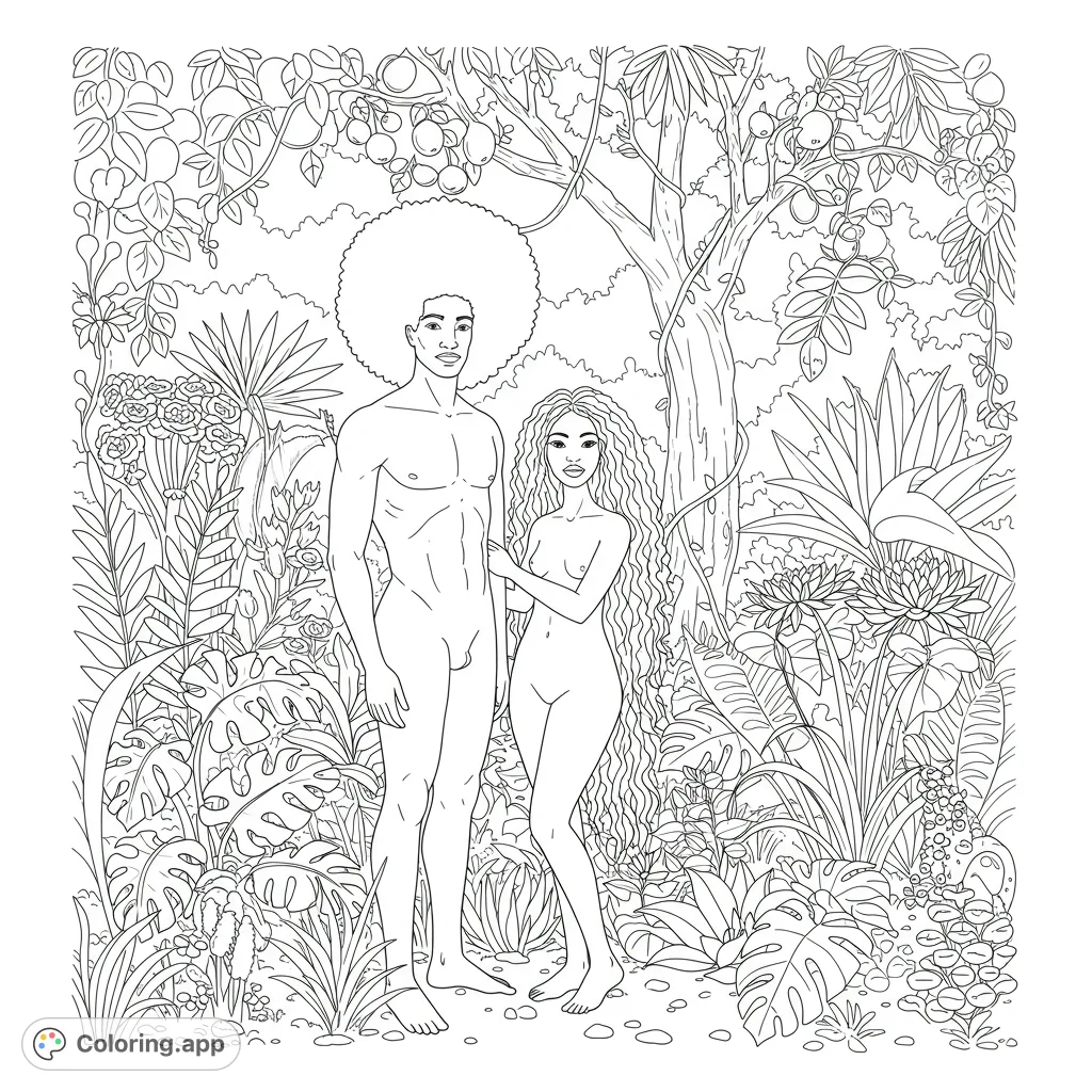 Explore a detailed Adam and Eve coloring page, featuring Adam with an Afro and Eve with long kinky hair amidst lush garden flora. A timeless scene for creative expression.