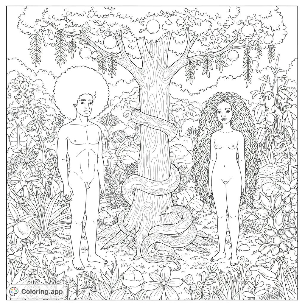 Explore a detailed Garden of Eden scene featuring Adam with an Afro, Eve with kinky hair, a majestic tree, and a coiled snake. A captivating biblical coloring page.