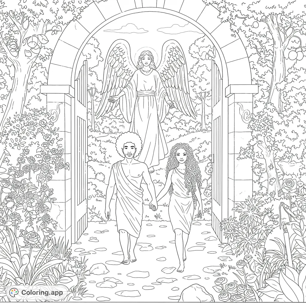 Witness Adam and Eve's poignant departure from the Garden of Eden, guided by a majestic angel. A detailed scene for a meaningful coloring experience.