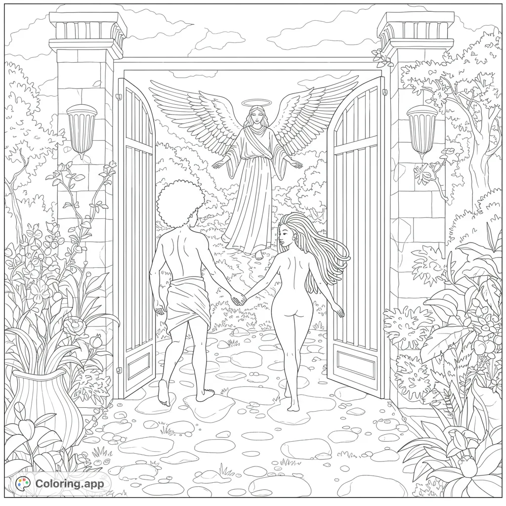 Explore a detailed Garden of Eden coloring page depicting Adam and Eve's departure, guided by a majestic angel amidst lush foliage and fruit-bearing trees.