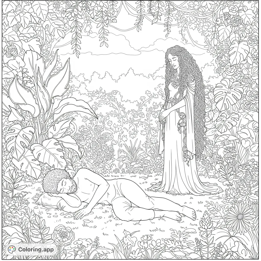 Discover Adam and Eve in a serene garden clearing, surrounded by lush plants, blossoms, and winding vines. A peaceful scene for mindful coloring.