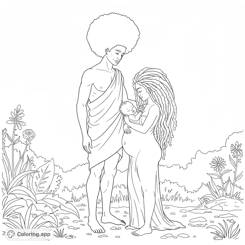 A tender scene of Adam and Eve welcoming their newborn, featuring Adam with an Afro and Eve with long kinky hair. A powerful, symbolic family moment.