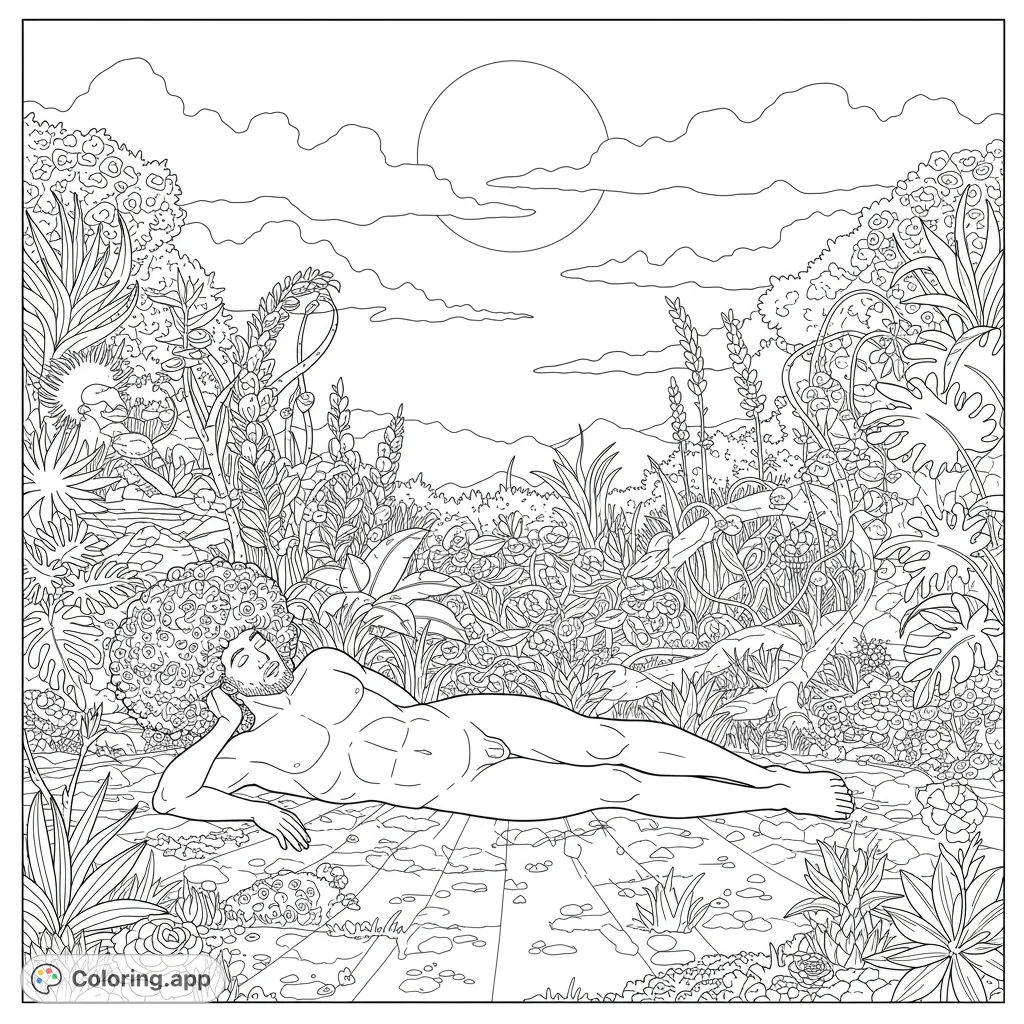 Discover Adam resting peacefully in a lush, abundant garden, surrounded by intricate plants and floral blooms under a sunlit sky. A detailed biblical scene.