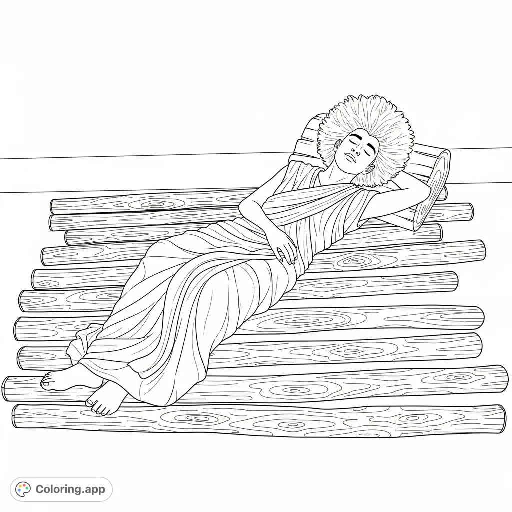 A striking coloring page featuring a teenage boy with an Afro, draped in wrapped cloth, resting peacefully on a bed of wooden sticks. Explore textures and shading.