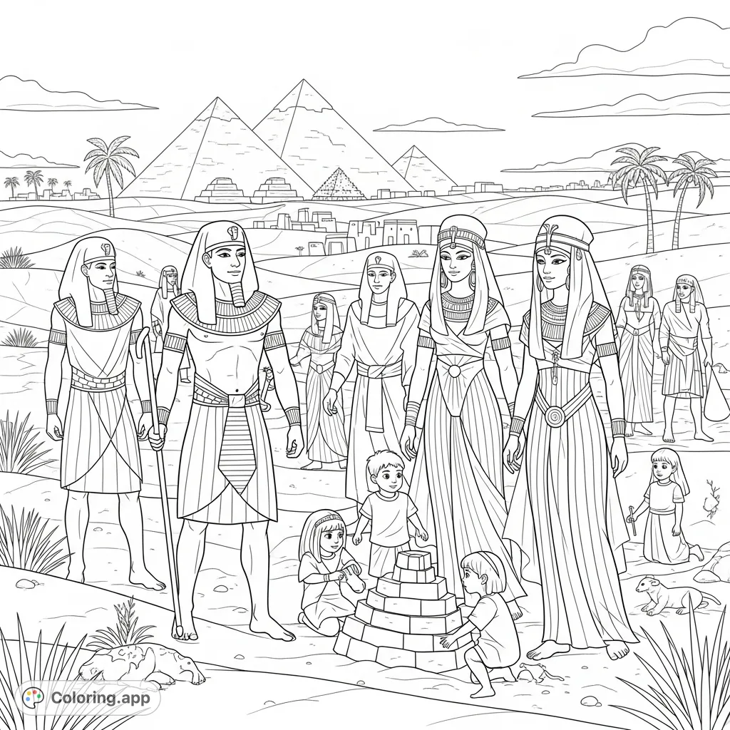 Explore an ancient Egyptian desert scene with men, women, and children in traditional attire, playing amidst majestic pyramids and sand dunes.