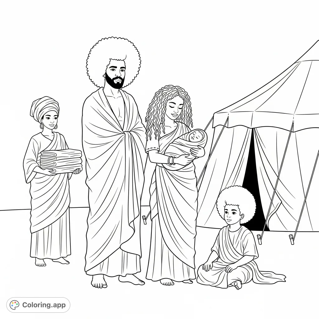 A detailed family portrait featuring Jacob, Leah, a baby, and a young boy, set against a tent with another woman. Rich in cultural attire and textures.