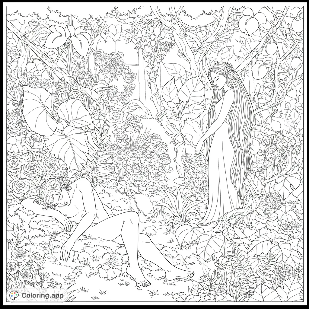 Explore a detailed ancient garden scene with Adam in peaceful slumber and Eve amidst colossal leaves and gnarled vines. A captivating free printable coloring page.