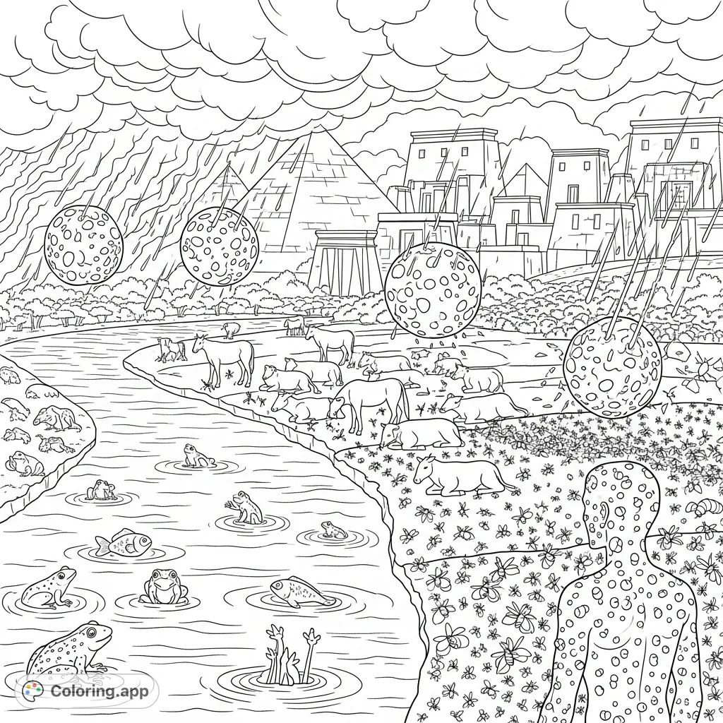 Witness the dramatic Ten Plagues of Egypt unfold in this detailed coloring page, featuring epic biblical scenes and historical elements.