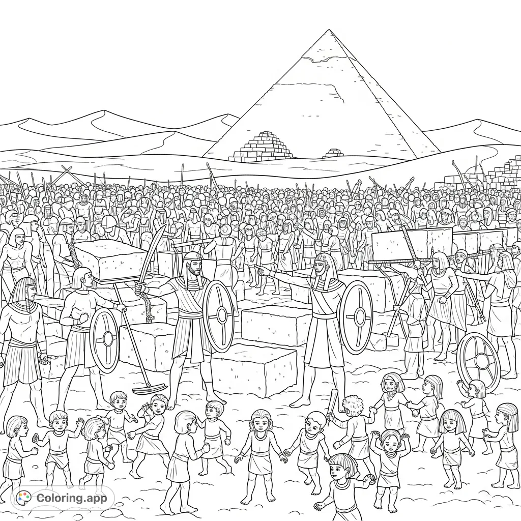 An epic ancient Egypt coloring page depicting the monumental task of pyramid construction with numerous laborers, overseers, and children in a desert setting.
