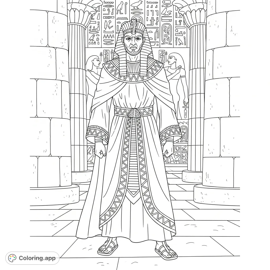 Depict Moses in striking Egyptian noble attire, expressing profound anger amidst grand palace pillars and detailed hieroglyphics. A powerful historical coloring page.