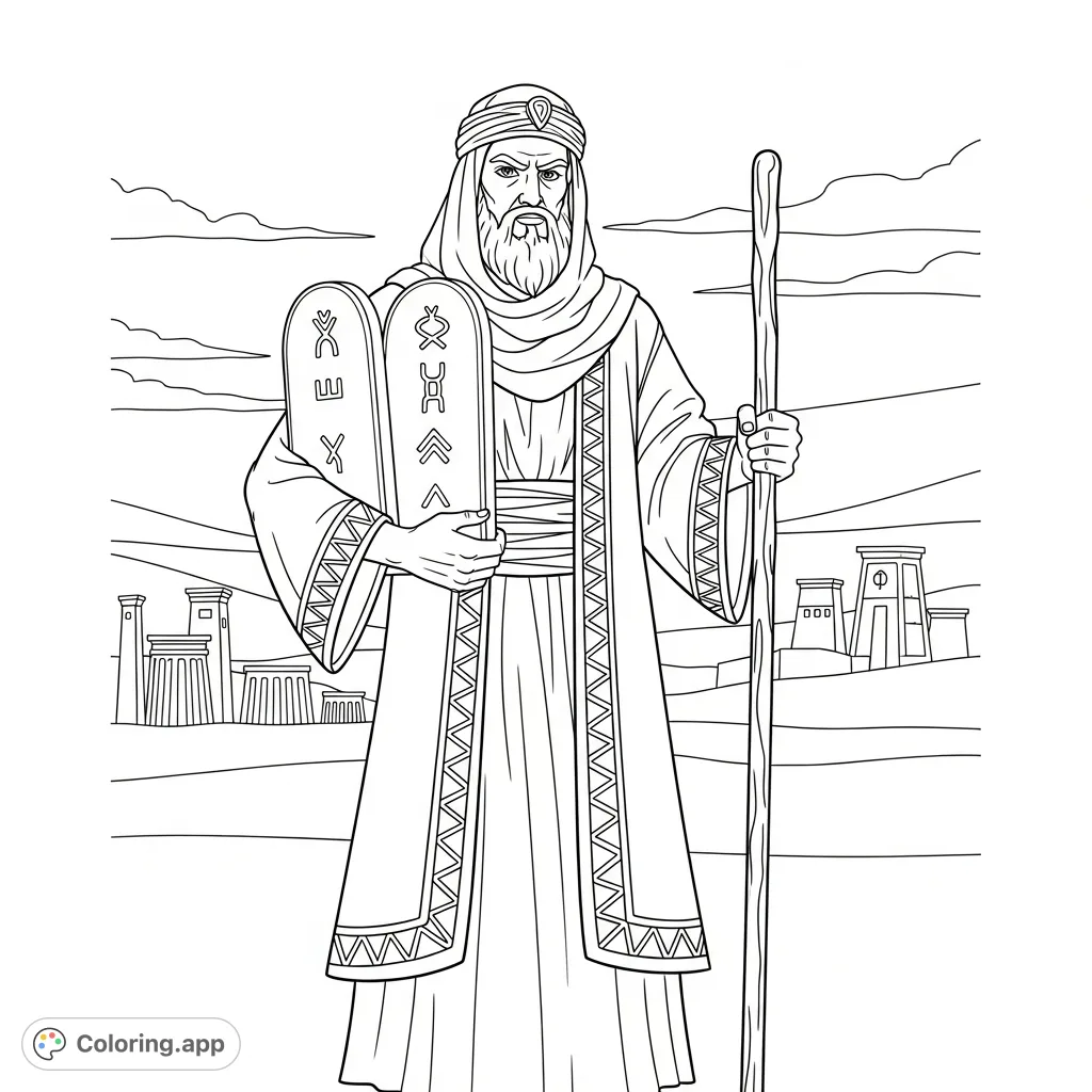 A powerful Egyptian Moses with a stern, furrowed expression, clutching inscribed tablets and a gnarled staff amidst ancient architectural structures.