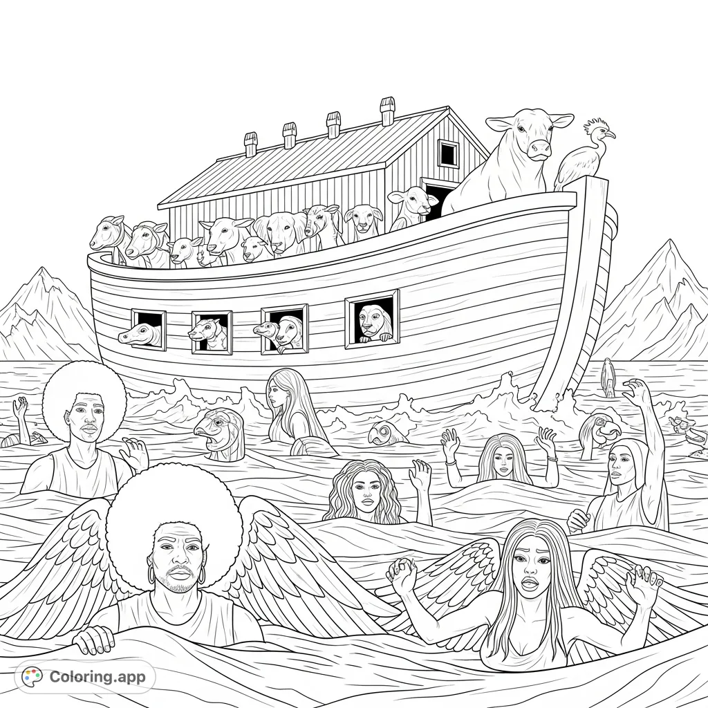 A dramatic scene featuring an ark filled with animals, surrounded by vast waters where figures struggle amidst submerged mountains.