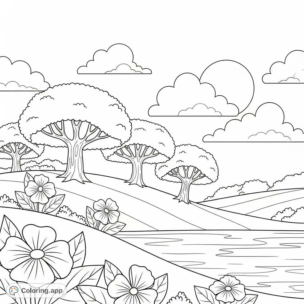 A delightful and simple nature coloring page for babies and toddlers, featuring a gentle landscape with land, sea, trees, and flowers.