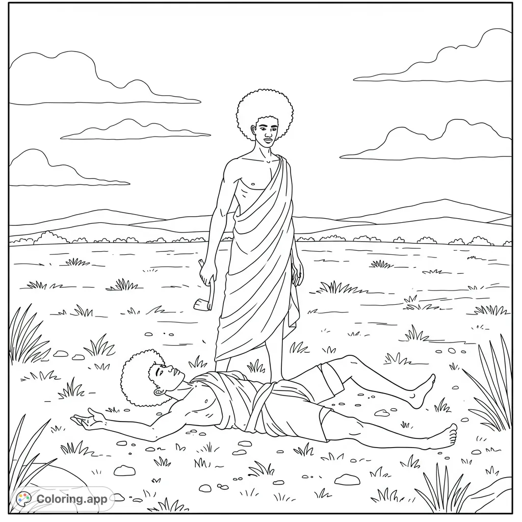 Explore the dramatic biblical narrative of Cain and Abel in a vast, open field. A powerful scene for reflection and artistic expression.