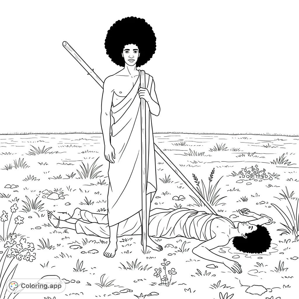 Depicts Cain with a stake standing over Abel in a field. A powerful Biblical scene for reflection and detailed coloring. Free printable religious coloring page.