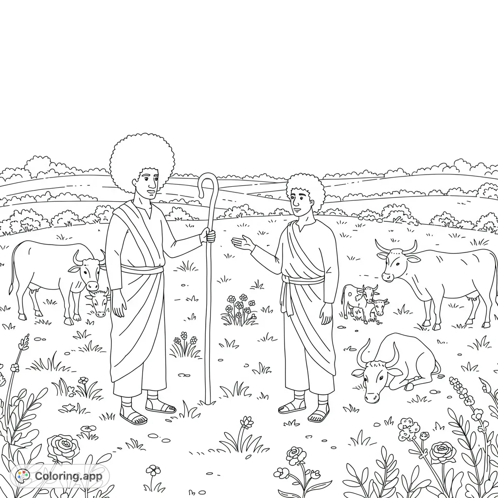 A unique Cain and Abel coloring page featuring both brothers with distinct Afro hairstyles, tending to their cattle in a pastoral landscape. Perfect for all ages.