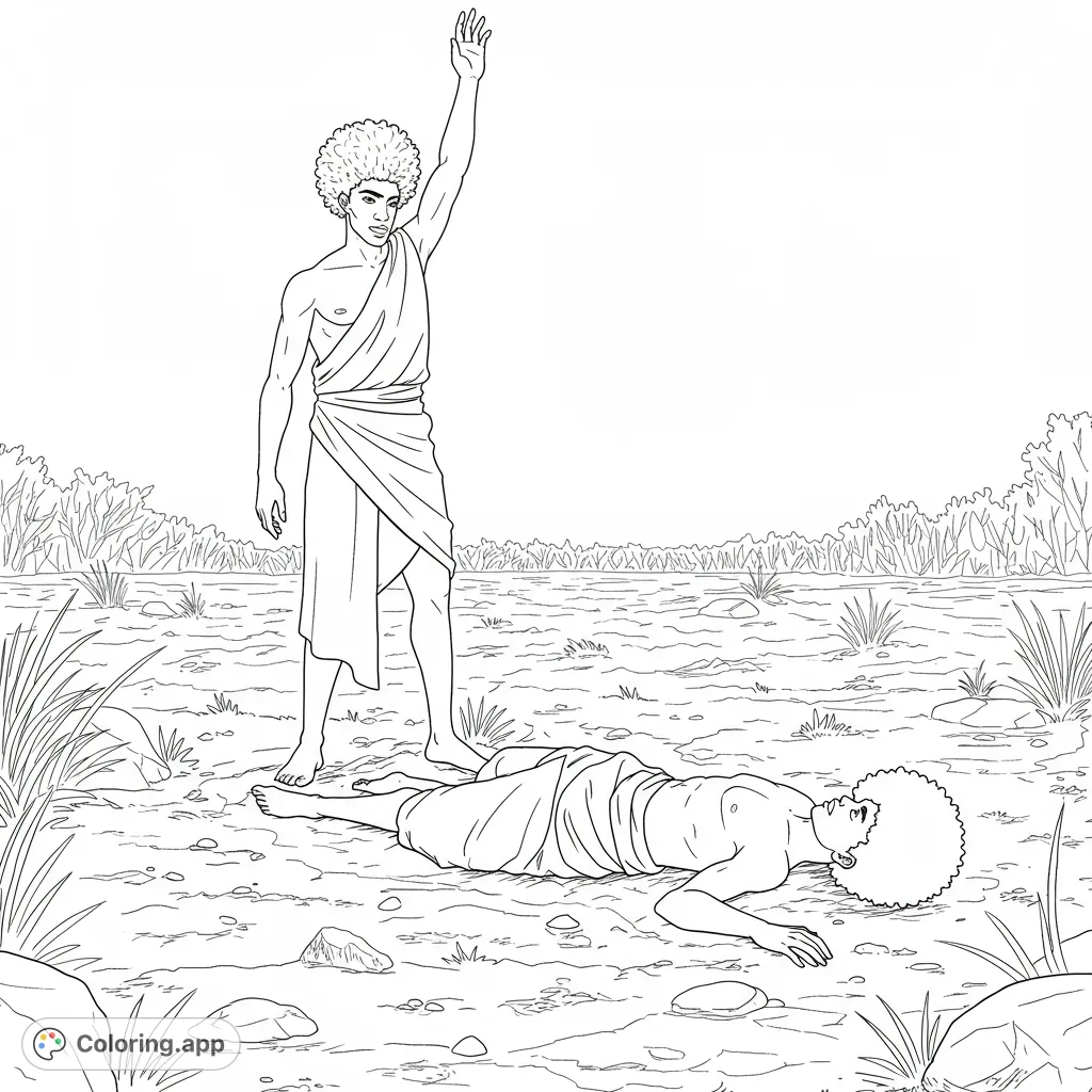 A powerful biblical scene depicting Cain standing over Abel in an open field, capturing a moment of profound human drama and ancient narrative.