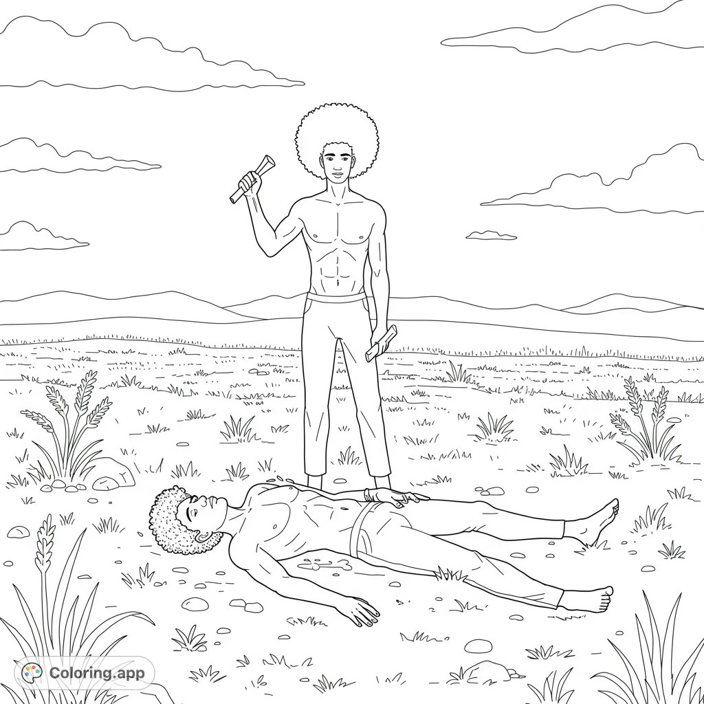 A powerful biblical scene depicting Cain standing over Abel in a desolate field, a dramatic narrative for adult colorists.