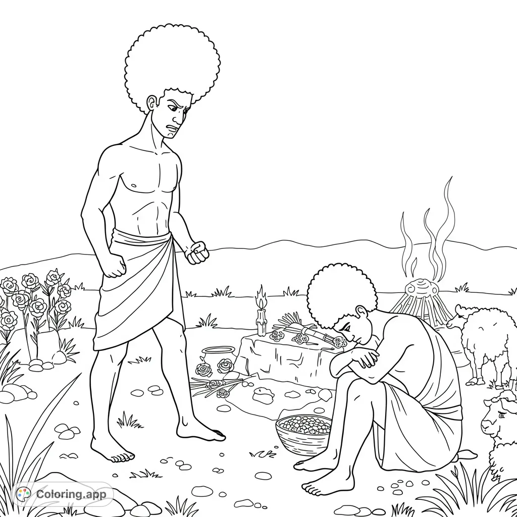 Explore the dramatic biblical tale of Cain and Abel, featuring two figures with Afros, expressing jealousy and sadness amidst their offerings.