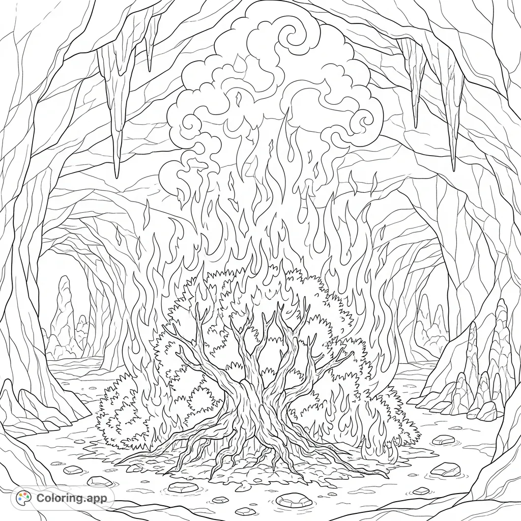 Experience the intensity of a bush ablaze within a mystical cave. This unique scene features intricate flames and detailed rock formations, inviting a vivid coloring experience.