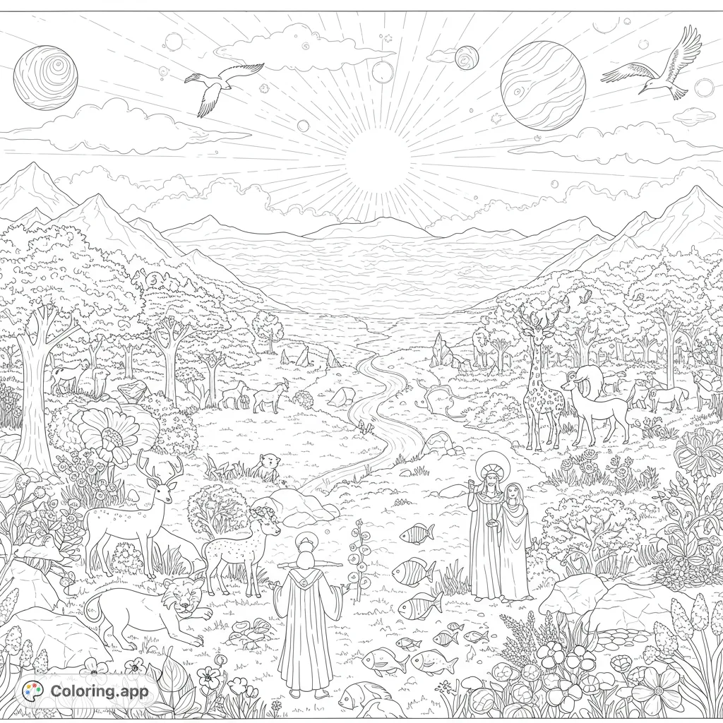 Explore a detailed Earth coloring page depicting God's complete creation: diverse landscapes, animals, plants, and humans in serene harmony, celebrating the day of rest.