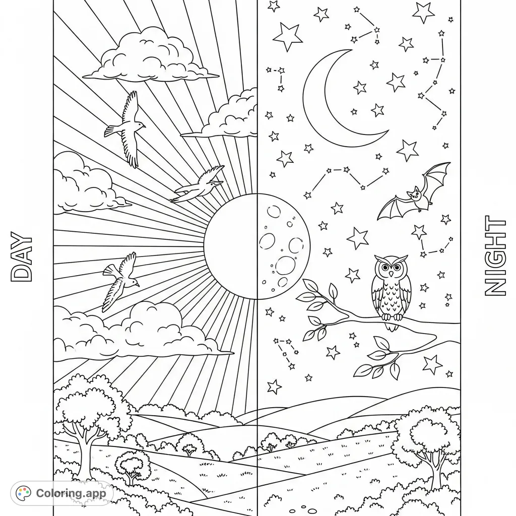Explore the contrasting beauty of day and night in one captivating coloring page, featuring sun, moon, stars, and a serene landscape.