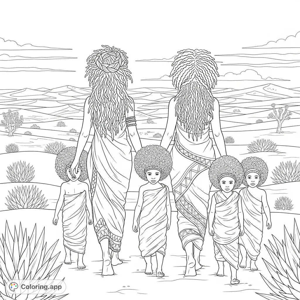Embark on a serene desert journey with two women and children, featuring intricate hair textures and flowing wrapped dresses against a vast, detailed desert landscape.