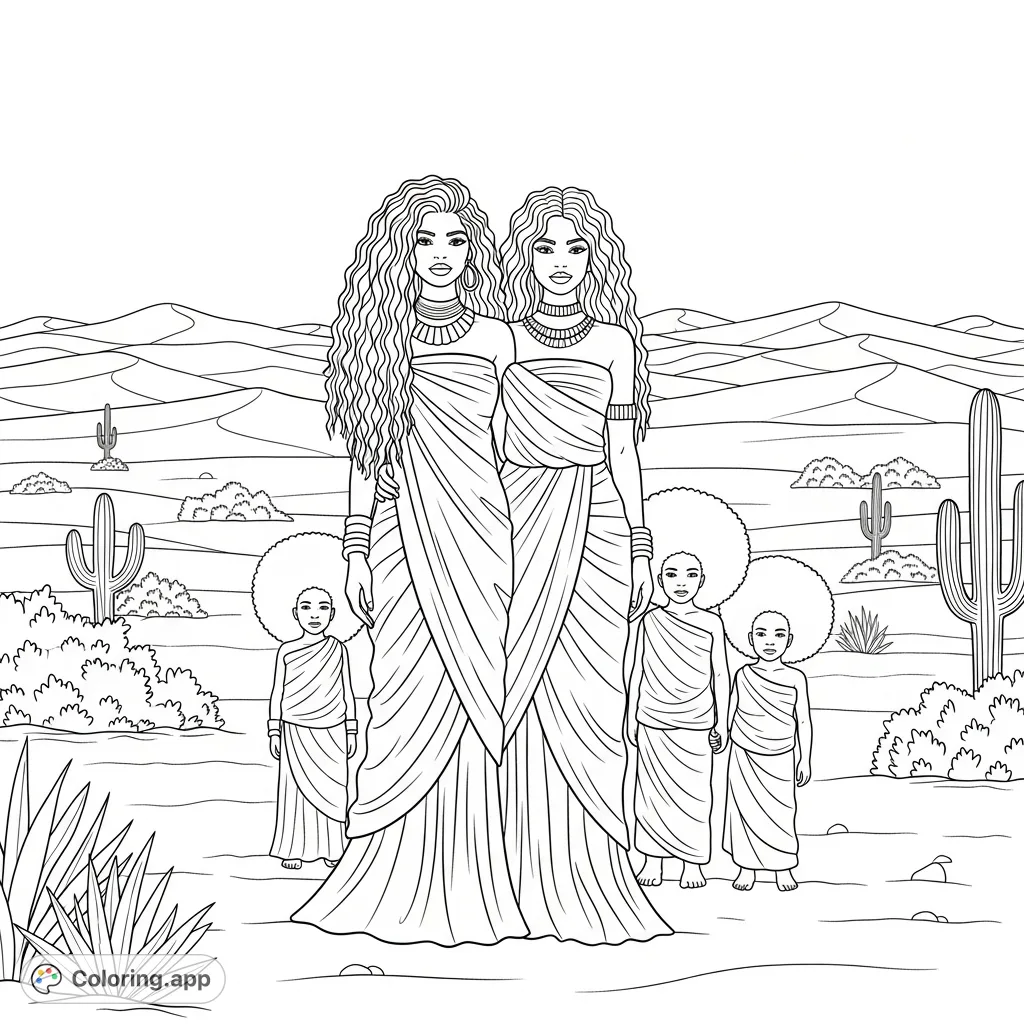 A heartwarming desert scene featuring two women with kinky hair and children with Afros, all in wrapped dresses, against a backdrop of sand dunes.