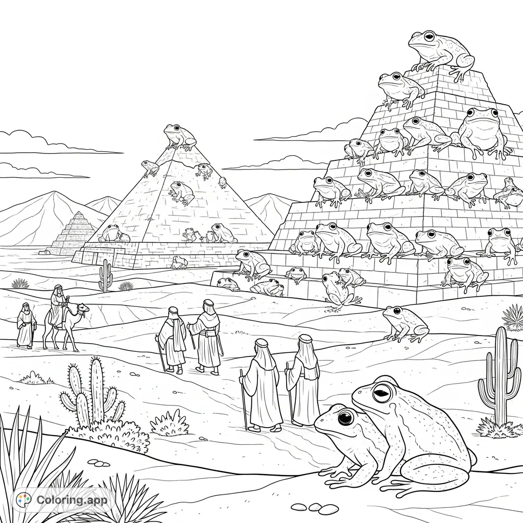 An imaginative desert scene with numerous frogs adorning majestic ancient pyramids, while robed figures traverse sandy dunes. A unique adventure for colorists.