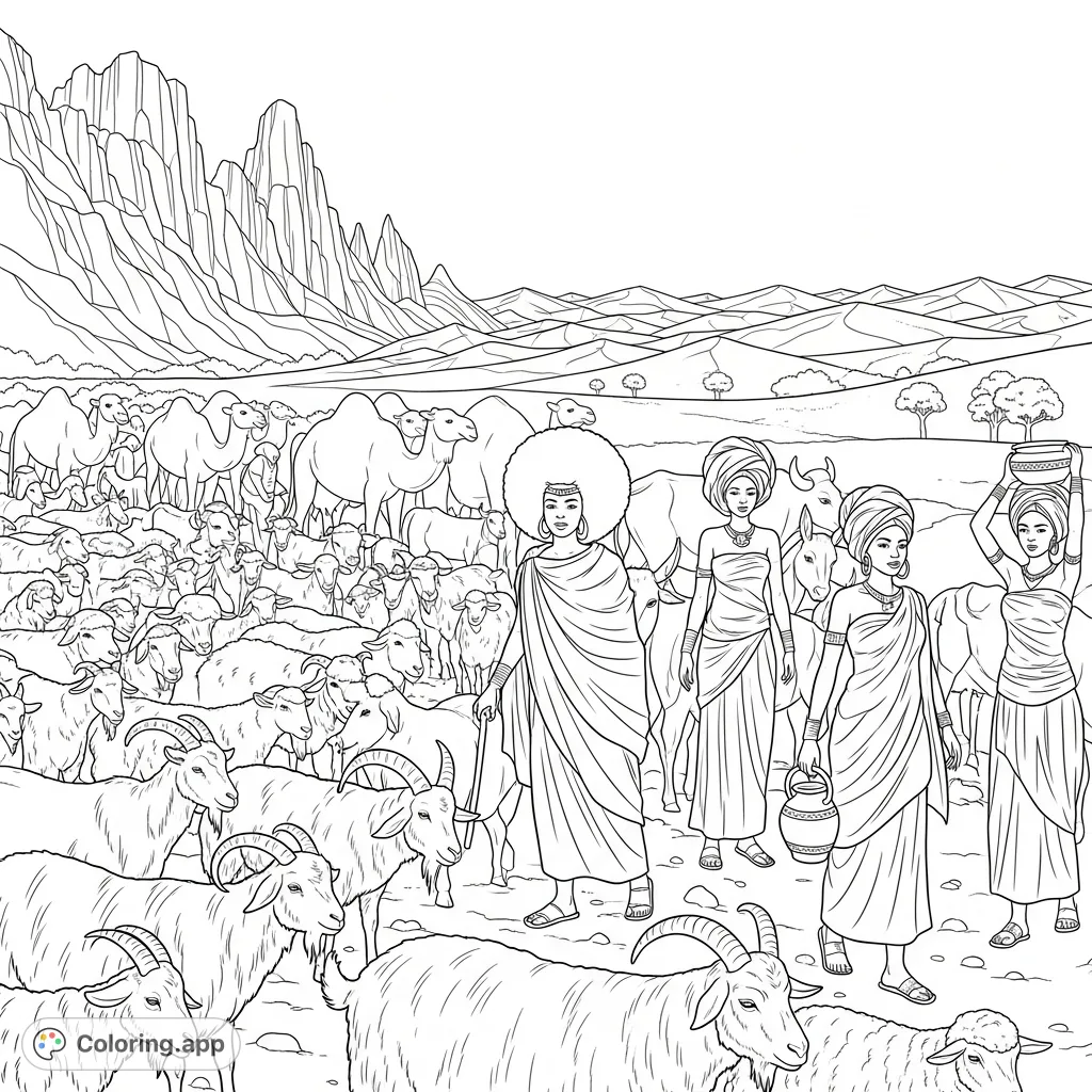 Explore a vibrant desert scene with diverse livestock, herders with Afros, and women servants. A detailed cultural and animal coloring adventure.