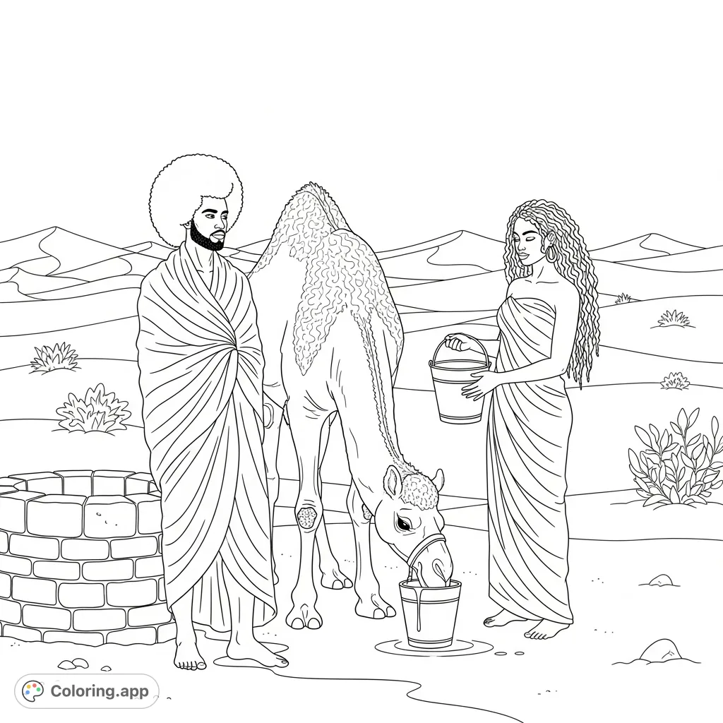 Discover a serene desert oasis coloring page featuring a man and woman in wrapped cloth, tending to a camel by a well amidst vast dunes.