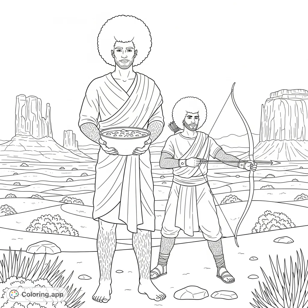 Explore a desert wilderness scene featuring Jacob with a stew bowl and a hunter with a bow and arrow, both in wrapped cloth. A cultural adventure awaits!