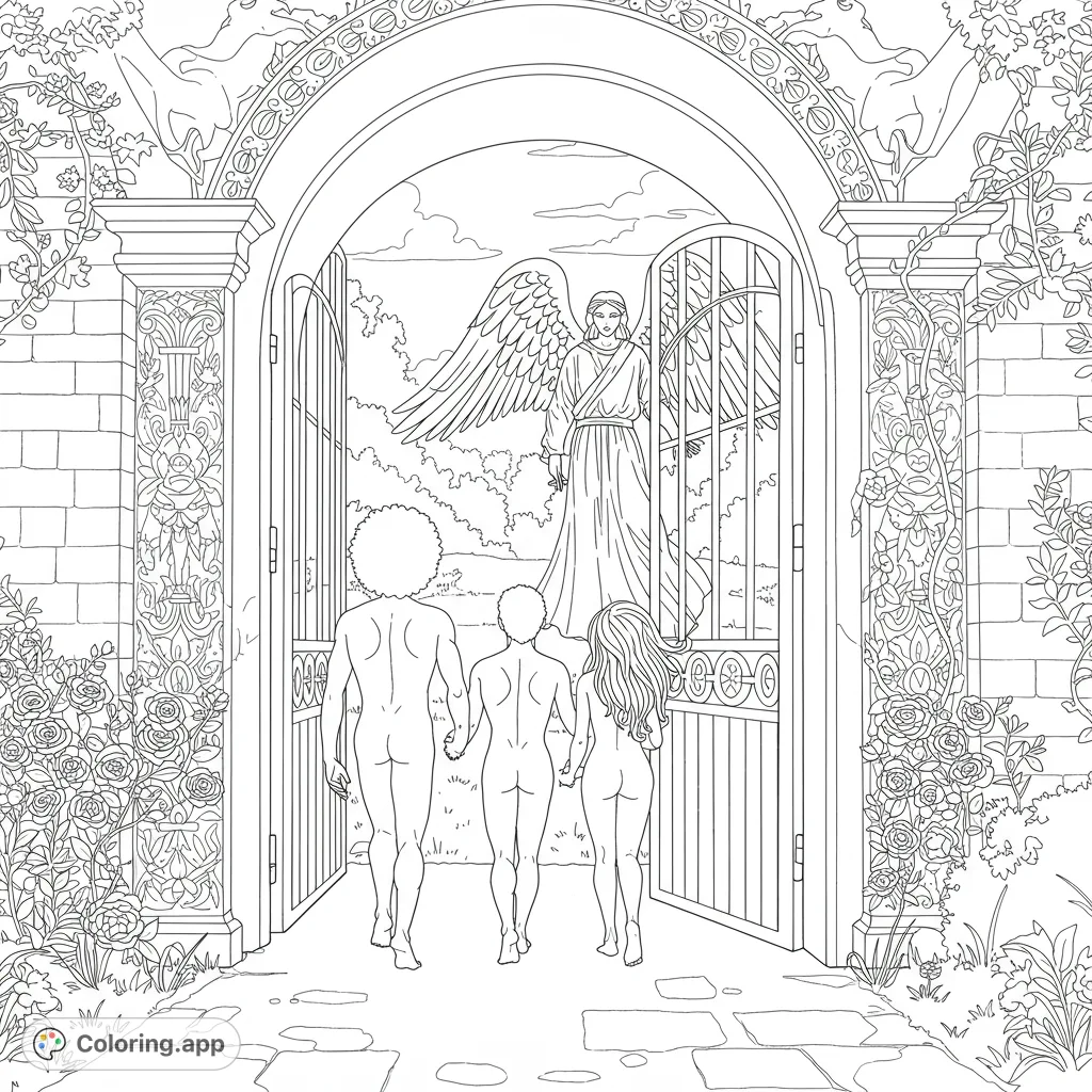 Witness Adam and Eve's poignant departure from the Garden of Eden, guided by a powerful angel. A detailed biblical scene for reflection.